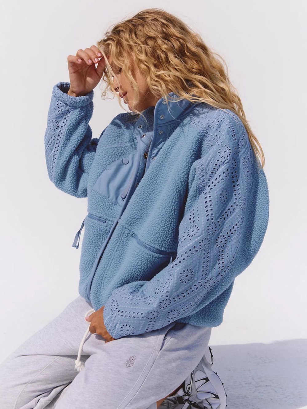 Free People Hit The Slopes Eyelet Fleece Jacket FP Movement Blue Coat XS NEW NWT